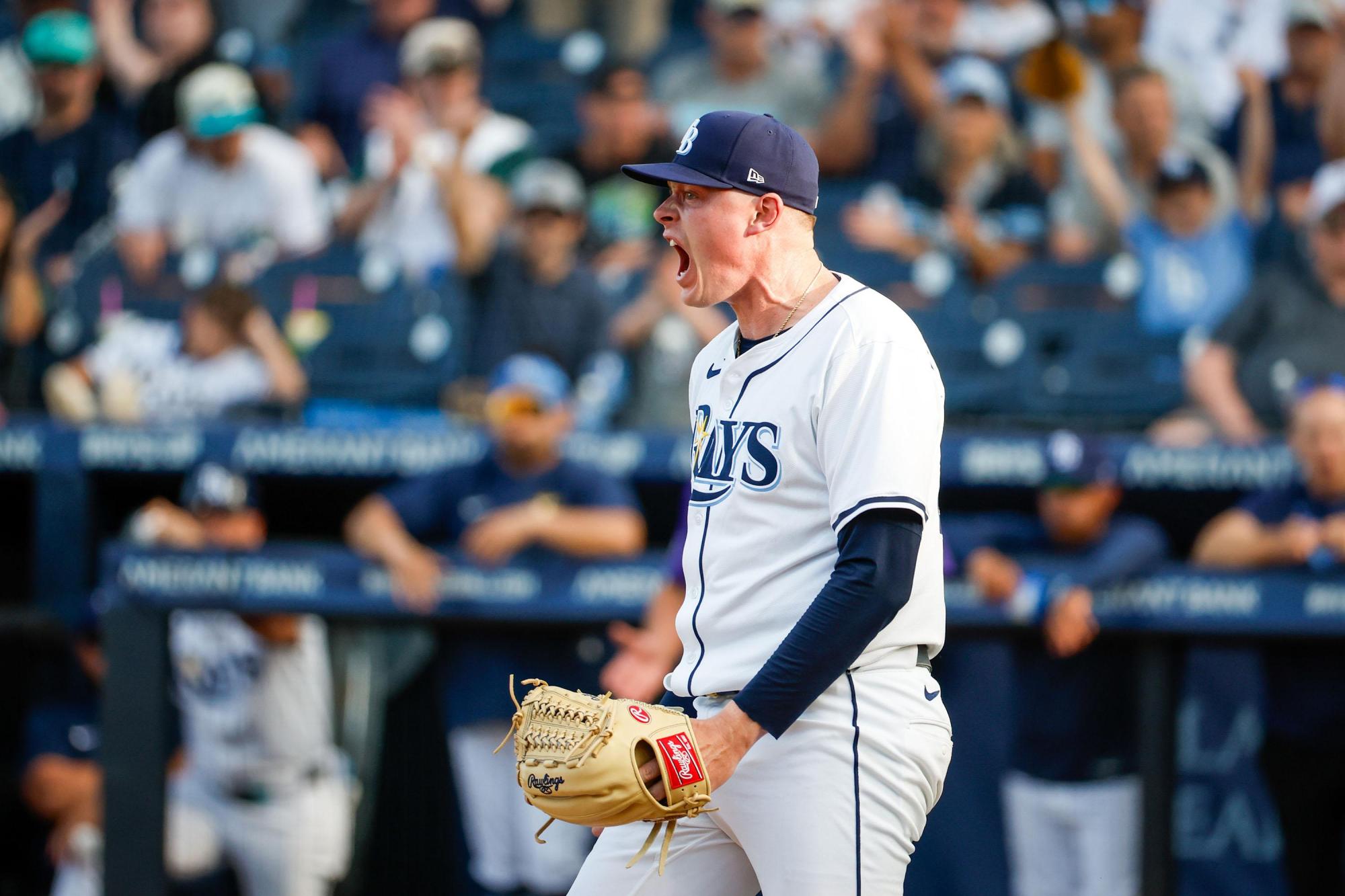 202512242153MCT_____PHOTO____SPORTS-BBN-MARLINS-FAIRBANKS-PT Tampa Bay Rays closer Pete Fairbanks reacts after he strikes out the Colorado Rockies’ Brenton Doyle, not pictured, during the ninth inning of a March 2025 game. (Jefferee Woo/Tampa Bay Times/TNS)