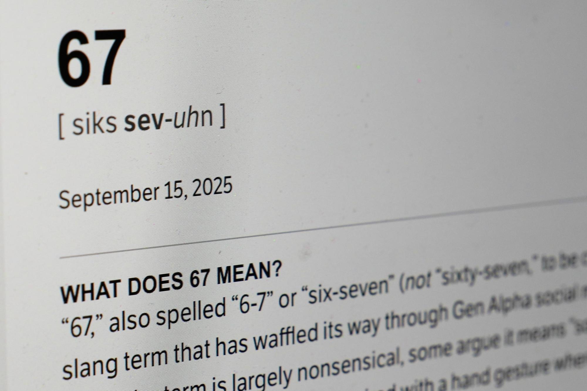 This Dictionary.com page shows the newest word of the year "6-7" on a computer screen. (Kiichiro Sato/AP file photo)
