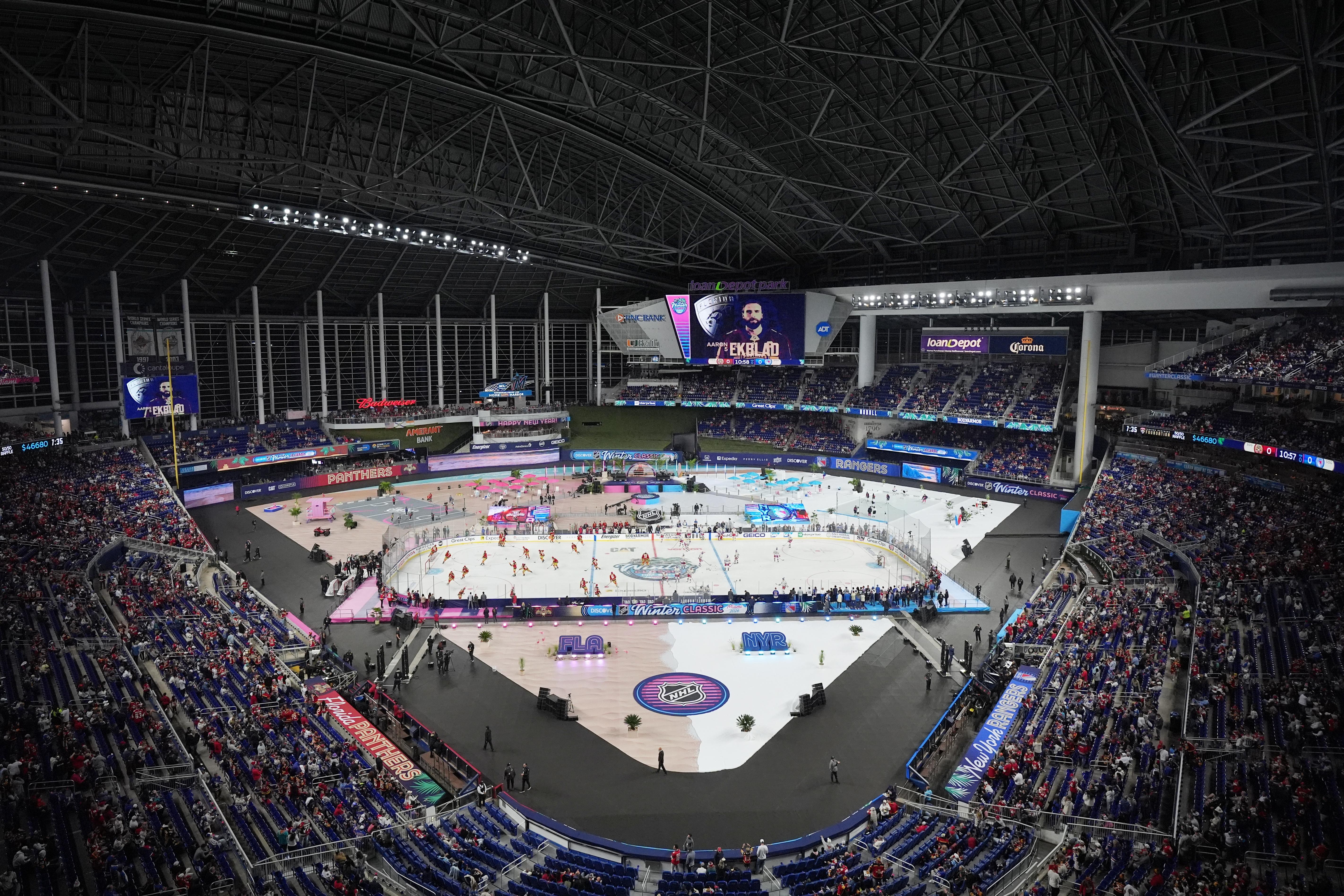 Players warm up before the NHL Winter Classic outdoor hockey...