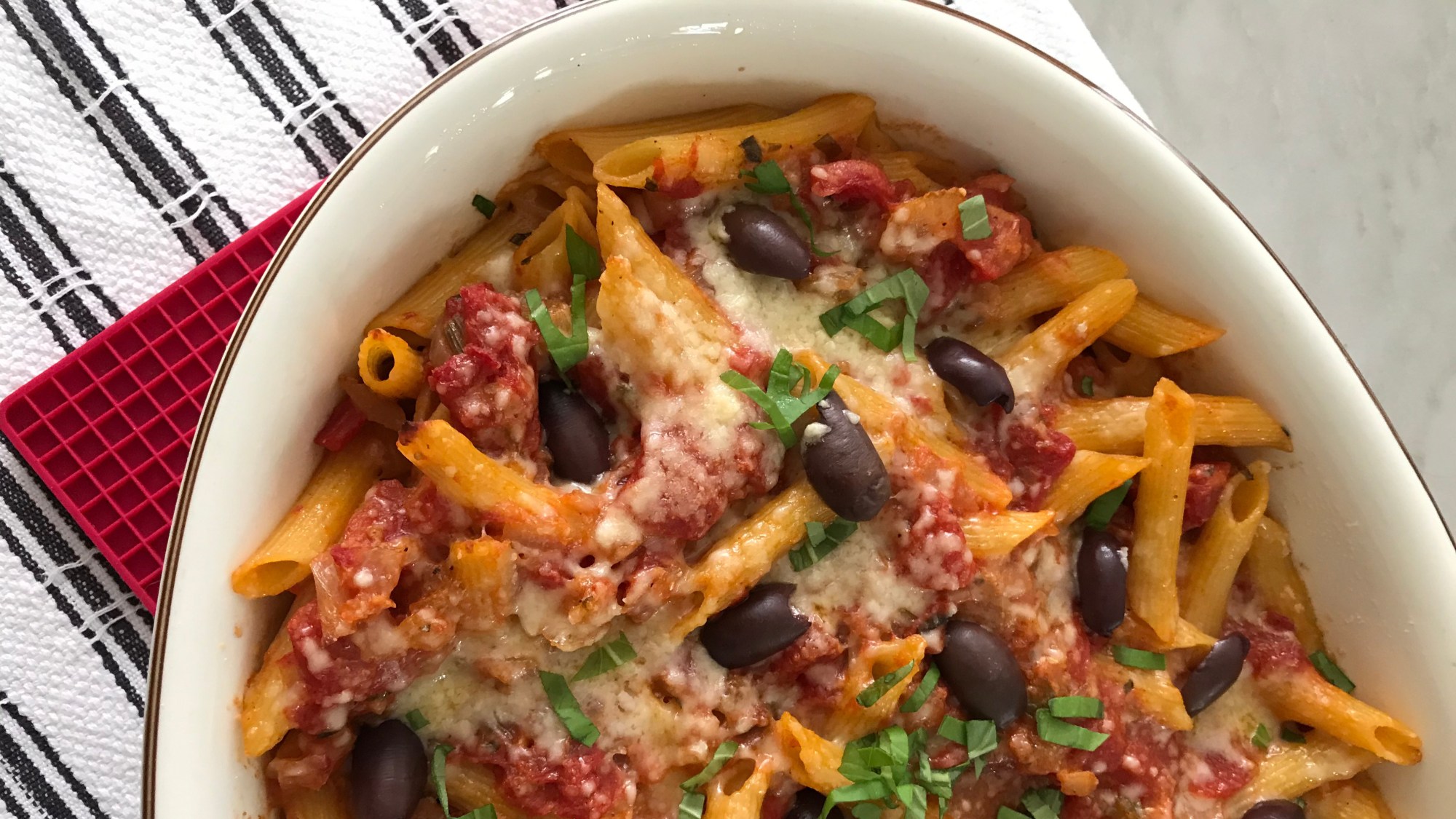 Baked Pasta with Sausage and Olives is a great dish to start the new year and can be made with either ziti pasta or penne, shown here. (Photo by Cathy Thomas)
